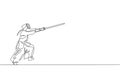 Single continuous line drawing of young sportive man practicing kendo attack hit martial art skill on gym sport center. Fighting