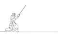 Single continuous line drawing of young sportive man practicing kendo blocking attack martial art skill on gym sport center.