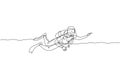 Single continuous line drawing of young sportive man swimming on sea ocean to explore fish and coral reef life. Underwater scuba Royalty Free Stock Photo