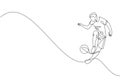 Single continuous line drawing of young sportive man train soccer freestyle, jump juggling with heel on the field. Football