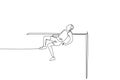 Single continuous line drawing of young sportive man training to pass the bar in high jump game in the field. Healthy athletic