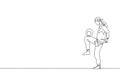 Single continuous line drawing of young sportive man wearing bandan train soccer freestyle, juggling on the field. Football