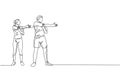 Single continuous line drawing of young sportive man and woman training warm up together in sport gymnasium club center. Fitness