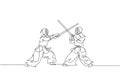 Single continuous line drawing of young sportive men practicing kendo martial art skill on gym sport center. Sparring partner.