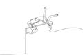 Single continuous line drawing of young sportive woman flying while pass the bar on high jump game. Healthy athletic sport concept