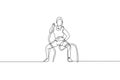 Single continuous line drawing of young sportive woman training with battle rope in sport gymnasium club center, front view.