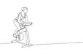 Single continuous line drawing of young sportive woman training endurance with static bike in sport gymnasium club center. Fitness