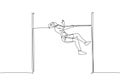 Single continuous line drawing of young sportive woman training high jump to pass the bar at field. Healthy athletic sport concept