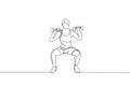 Single continuous line drawing of young sportive woman training lifting barbells in sport gymnasium club center. Fitness