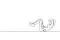 Single continuous line drawing of young sportive woman training lying and sit up in sport gymnasium club center. Fitness