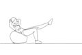 Single continuous line drawing of young sportive woman training sit up with fitness ball in sport gymnasium club center. Fitness