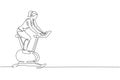 Single continuous line drawing of young sportive woman training with static stationery bike in sport gymnasium club center.