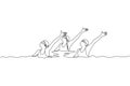 Single continuous line drawing of young sportive women perform beautiful synchronized swimming choreography. Group water sport