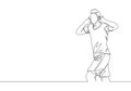 Single continuous line drawing of young sporty football player holding his ears with hands on field after scoring goal