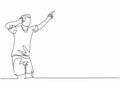 Single continuous line drawing of young sporty football player holding his ears with hands on field after scoring goal. Match