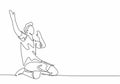 Single continuous line drawing of young sporty soccer player raises his hands up on the field after scoring. Match soccer goal Royalty Free Stock Photo