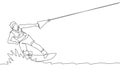 Single continuous line drawing of young sporty surfer man playing wakeboarding in the sea. Extreme dangerous sea sport concept.