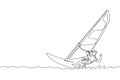 Single continuous line drawing of young sporty surfer man playing windsurfing in the sea. Extreme dangerous sea sport concept. Royalty Free Stock Photo