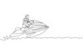 Single continuous line drawing of young sporty tourist man playing jet ski in the sea. Extreme dangerous sea sport concept. Summer Royalty Free Stock Photo