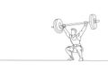 Single continuous line drawing of young strong weightlifter man preparing for barbell workout in gym. Weight lifting training Royalty Free Stock Photo