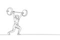 Single continuous line drawing of young strong weightlifter woman preparing for barbell workout in gym. Weight lifting training