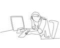 Single continuous line drawing of young tired businessman feel dizzy while he is working at office. Work fatigue after overload