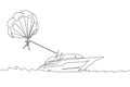 Single continuous line drawing of young tourist flying with parasailing parachute on the sky pulled by a boat. Extreme vacation
