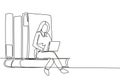 Single continuous line drawing young woman studying with laptop and sit and lean on big books. Back to school, intelligent student Royalty Free Stock Photo