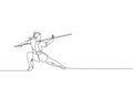 Single continuous line drawing of young woman wushu fighter, kung fu master in uniform train with long staff at dojo center. Royalty Free Stock Photo