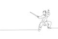 Single continuous line drawing of young woman wushu fighter, kung fu master in uniform training with sword at dojo center.