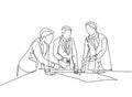 Single continuous line drawing of young workers talking seriously about company policy around the table. Office employee life