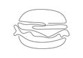 Single continuous line of Hamburger. Big burger fast food in one line style isolated on white background