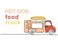 Single continuous line of hotdog food truck. Hotdog food truck in one line style isolated on white background