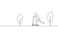 Single continuous one line art boy riding scooter. Kids sport activity hobby holiday school recreation fun concept