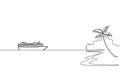 Single continuous one line art ocean travel vacation. Sea voyage holiday tropical island ship liner cruise journey