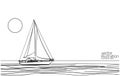 Single continuous one line art ocean travel vacation. Sea voyage holiday tropical island ship yacht luxury journey