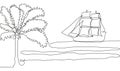 Single continuous one line art ocean travel vacation. Sea voyage holiday tropical island ship yacht luxury island palm tree