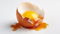 A single cracked chicken egg with a vibrant yolk on a white background