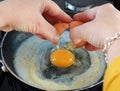 Single cracked egg poured onto a pan in the kitchen