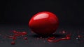 A single crimson orb resting on a dark surface, surrounded by scattered droplets of viscous red liquid. Generative AI Royalty Free Stock Photo