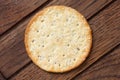 Single crispy round cheese cracker from above.