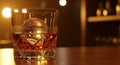 Single Crystal Old Fashioned Glass with Clear Sphere Ice Cube on Luxurious Wood Bar Royalty Free Stock Photo