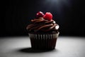 Single Cupcake with Dripping Glaze and Berries, Dramatic Lighting Extreme close up, studio shot of a single, decadent chocolate Royalty Free Stock Photo