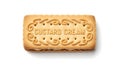 Single custard cream biscuit with decorative embossed pattern and filling on white Royalty Free Stock Photo