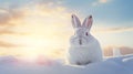 single cute arctic hare relax on snow. clean and bright white snowfield with sun light generative ai