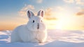 single cute arctic hare relax on snow. clean and bright white snowfield with sun light generative ai