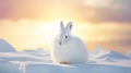 single cute arctic hare relax on snow. clean and bright white snowfield with sun light generative ai