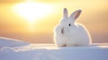 single cute arctic hare relax on snow. clean and bright white snowfield with sun light generative ai