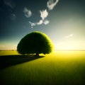 single cute short tree on grass and sunset over grass and tree