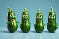 A Single Cute Zucchini as a 3D Rendered Character Over Solid Color Background Having Emotions
